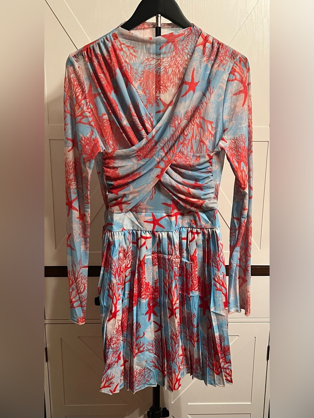 NWOT Women’s Blue and Red Starfish Print Wrap-Style Long Sleeve Dress